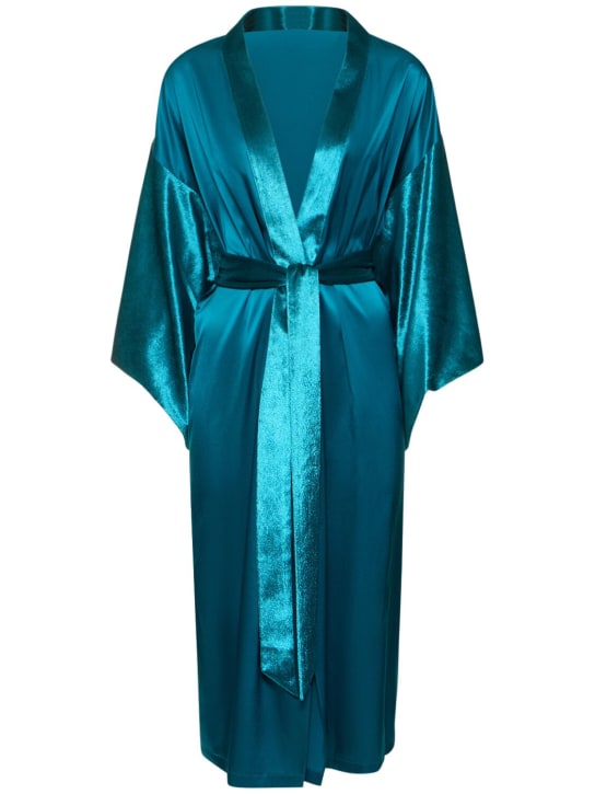 Fleur Du Mal: Velvet & stretch silk robe - Aquamarine - women_0 | Luisa Via Roma