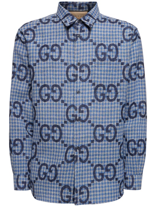 Gucci: Camicia in lana macro GG - Azzurro/Blu - men_0 | Luisa Via Roma