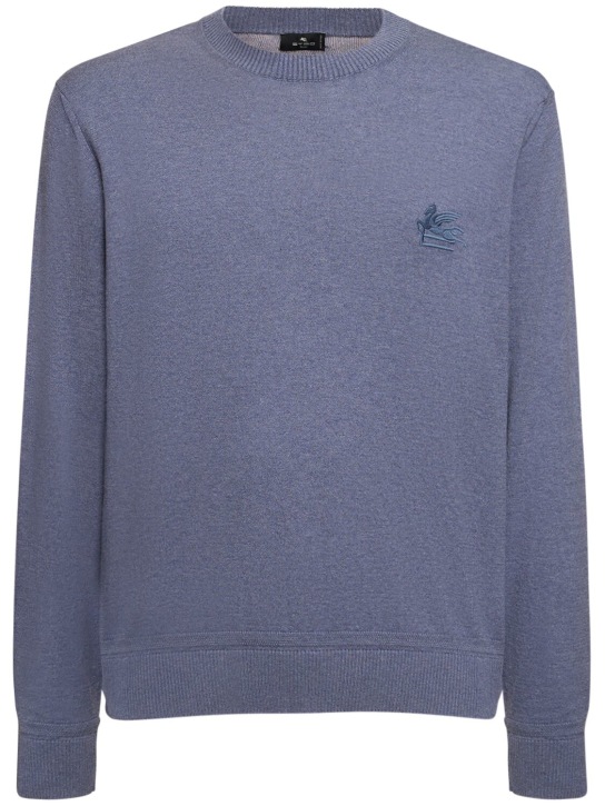 Etro: Logo cotton & cashmere crewneck sweater - Open Blue - men_0 | Luisa Via Roma