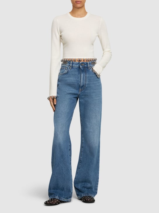 Rabanne: Embellished denim flared jeans - Blue Stone - women_1 | Luisa Via Roma