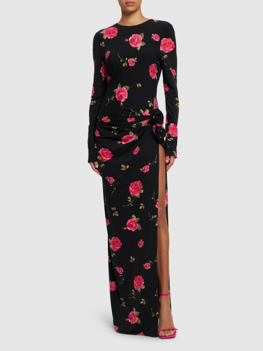 Magda Butrym: Rose printed draped jersey long dress - Black/Pink - women_1 | Luisa Via Roma