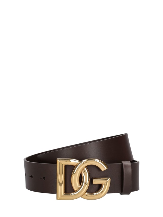Dolce&Gabbana: 4cm Logo leather belt - Kahverengi/Altın - men_0 | Luisa Via Roma