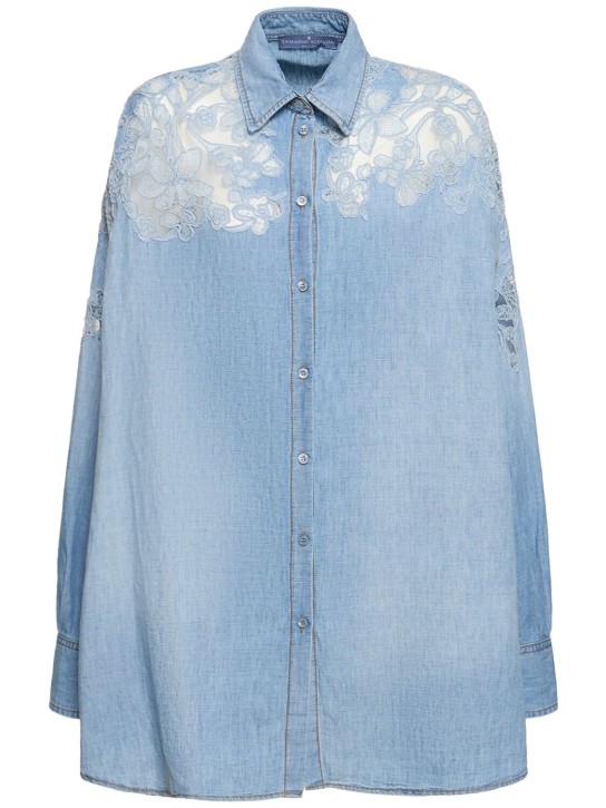 Ermanno Scervino: Embroidered cotton blend oversize shirt - Light Blue - women_0 | Luisa Via Roma
