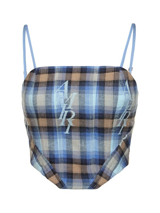 Amiri: Checked cotton blend flannel corset top - Multi/Blue - women_0 | Luisa Via Roma