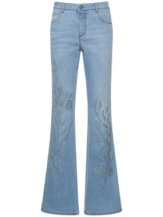 Ermanno Scervino: Embroidered denim mid rise flared jeans - Mavi - women_0 | Luisa Via Roma