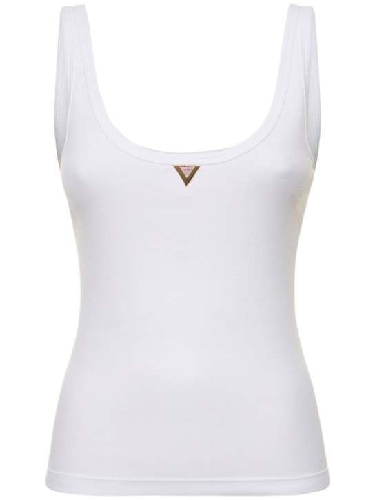 Valentino: Débardeur en jersey de coton côtelé à logo - Blanc - women_0 | Luisa Via Roma