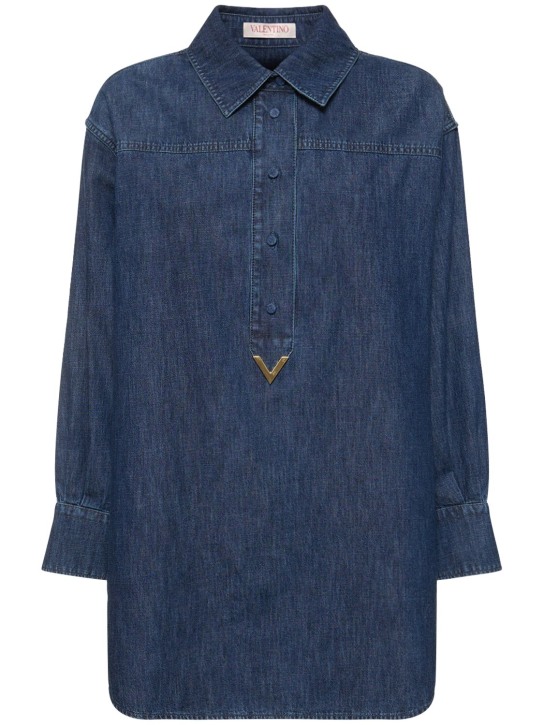 Valentino: Denim cotton shirt mini dress - Dark Blue - women_0 | Luisa Via Roma