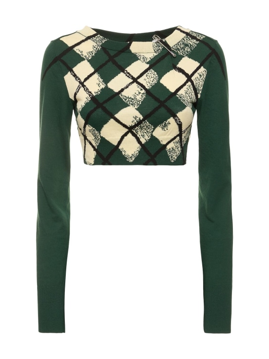 Burberry: Check cotton knit long sleeve sweater - Green/Multi - women_0 | Luisa Via Roma