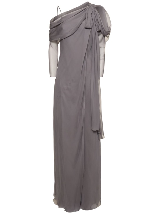 Alberta Ferretti: Draped chiffon & satin long sleeve dress - Grey - women_0 | Luisa Via Roma