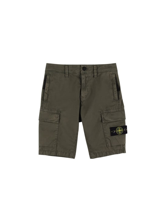 Stone Island: Shorts cargo de gabardina de algodón stretch - Verde Militar - kids-boys_0 | Luisa Via Roma