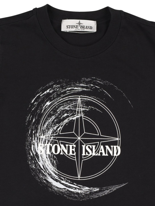 Stone Island: 棉质平纹针织T恤 - 黑色 - kids-boys_1 | Luisa Via Roma