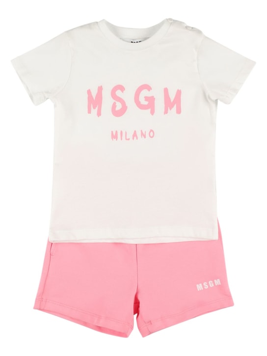 MSGM: 棉质平纹针织T恤&短裤 - 白色/粉色 - kids-girls_0 | Luisa Via Roma