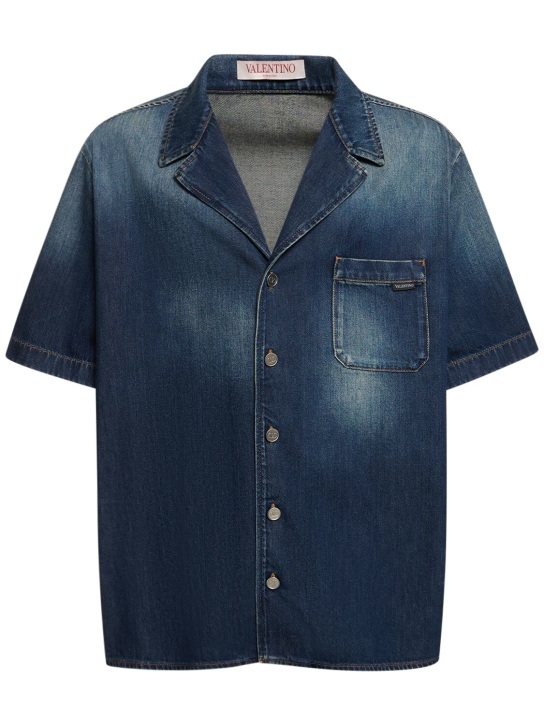 Valentino: Chemise à manches courtes en denim - Bleu - men_0 | Luisa Via Roma