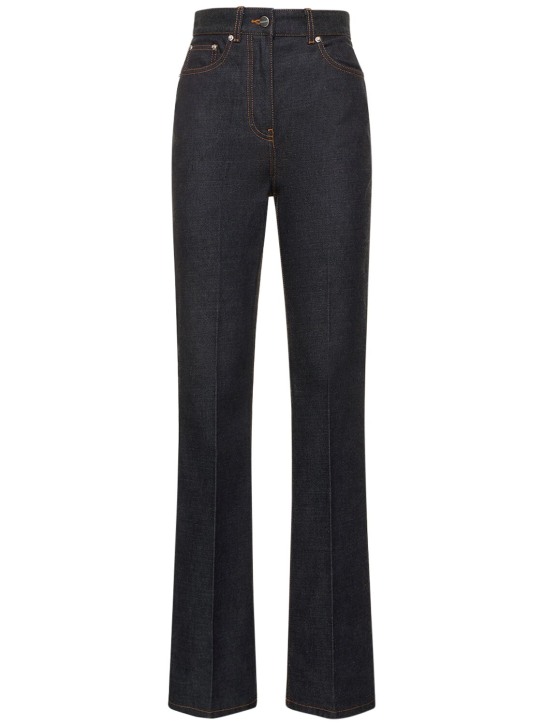 Ferragamo: Jeans rectos de denim con cintura alta - Azul Oscuro - women_0 | Luisa Via Roma