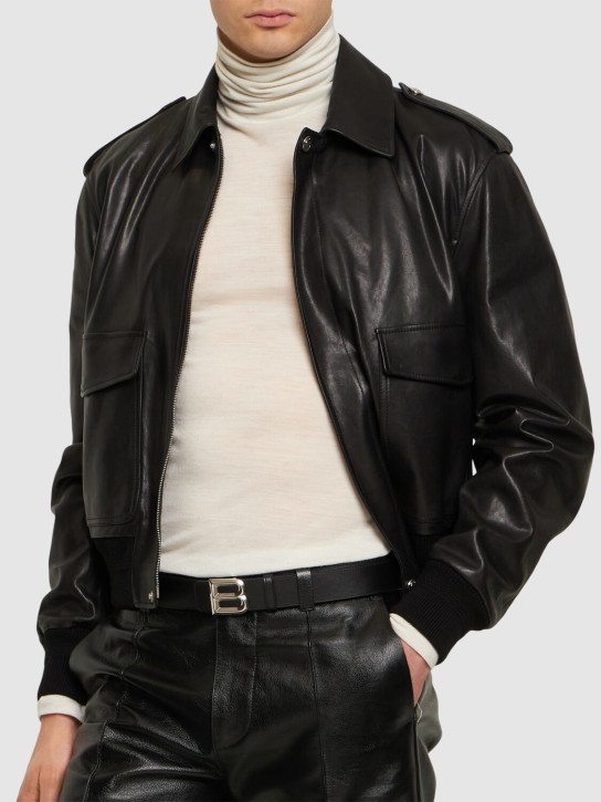 Bally: 3.5cm B Bold reversible leather belt - Siyah/Cam göbeği - men_1 | Luisa Via Roma