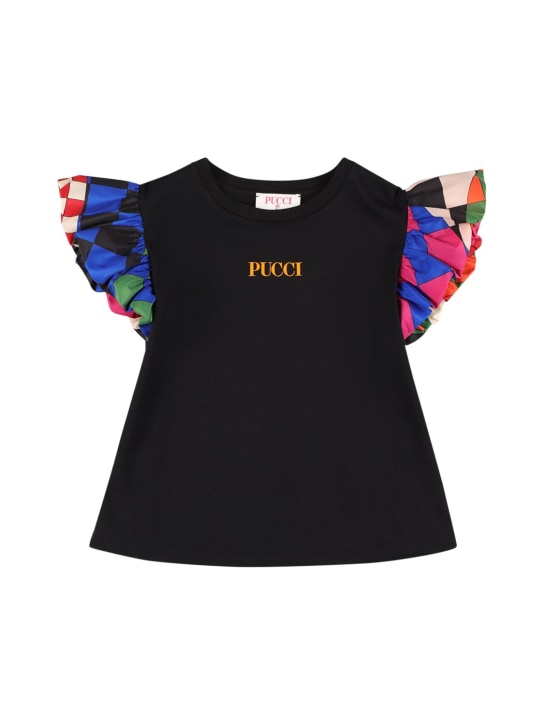 Pucci: 印花袖子棉质平纹针织T恤 - 黑色 - kids-girls_0 | Luisa Via Roma