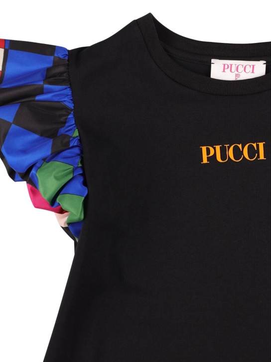 Pucci: 印花袖子棉质平纹针织T恤 - 黑色 - kids-girls_1 | Luisa Via Roma