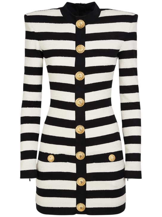 Balmain: Striped cotton blend jersey mini dress - Black/White - women_0 | Luisa Via Roma