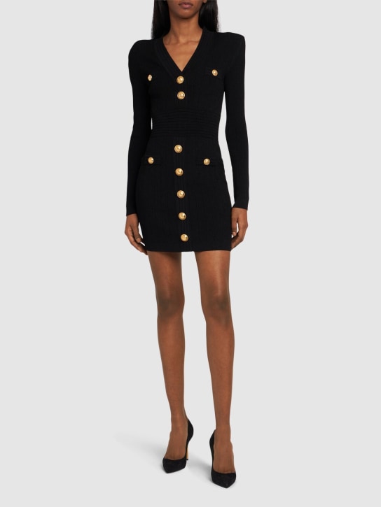 Balmain: Viscose blend knit buttoned mini dress - Black - women_1 | Luisa Via Roma