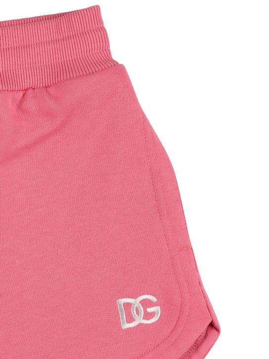 Dolce&Gabbana: Logo印花棉质平纹针织短裤 - 粉色 - kids-girls_1 | Luisa Via Roma