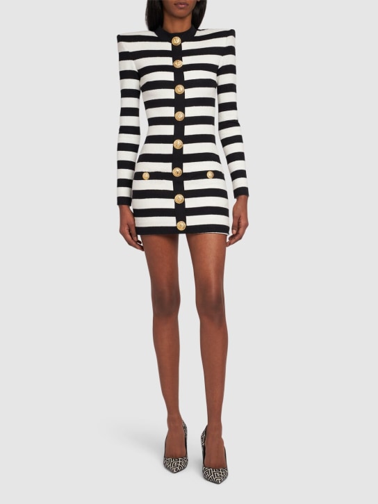 Balmain: Striped cotton blend jersey mini dress - Black/White - women_1 | Luisa Via Roma