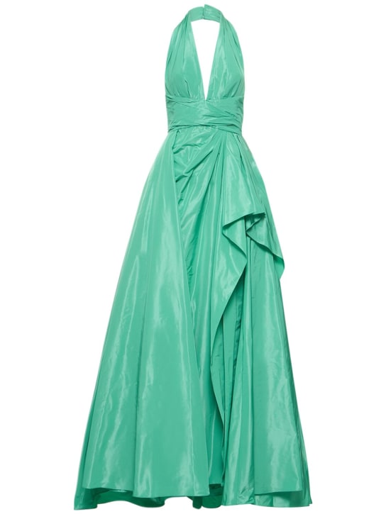 Zuhair Murad: Draped taffeta v-neck long dress - Green Water - women_0 | Luisa Via Roma