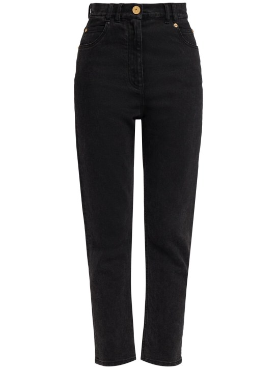 Balmain: High rise stretch cotton straight jeans - Washed Black - women_0 | Luisa Via Roma