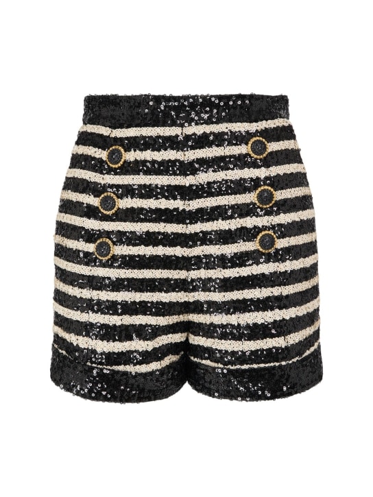 Balmain: Striped sequined high rise mini shorts - Black/White - women_0 | Luisa Via Roma