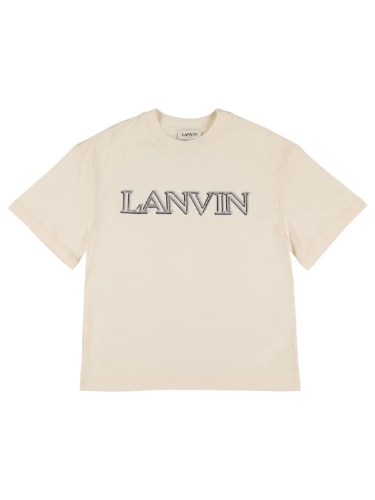 Lanvin: Logo刺绣棉质平纹针织T恤 - 黄色 - kids-boys_0 | Luisa Via Roma