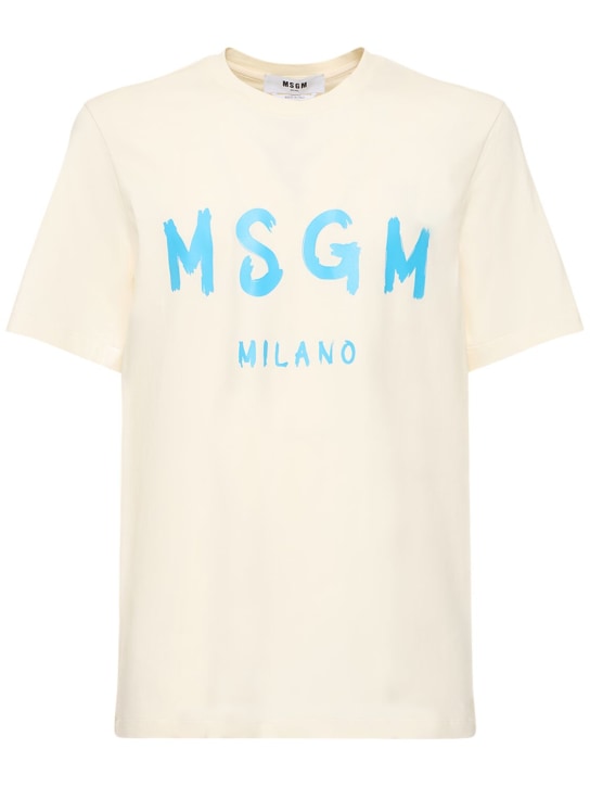 MSGM: T-shirt en jersey de coton imprimé logo - Blanc/Eau - men_0 | Luisa Via Roma