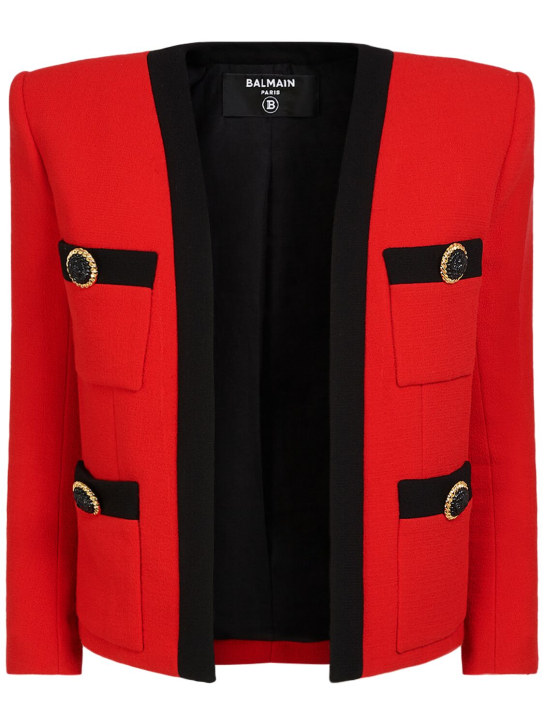 Balmain: Shawl collar double wool crepe jacket - Red/Black - women_0 | Luisa Via Roma