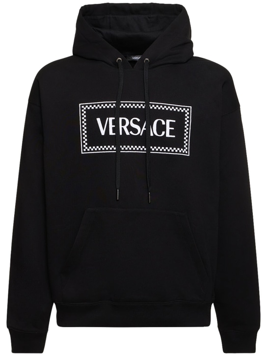 Versace: Logo棉质连帽卫衣 - 黑色 - men_0 | Luisa Via Roma