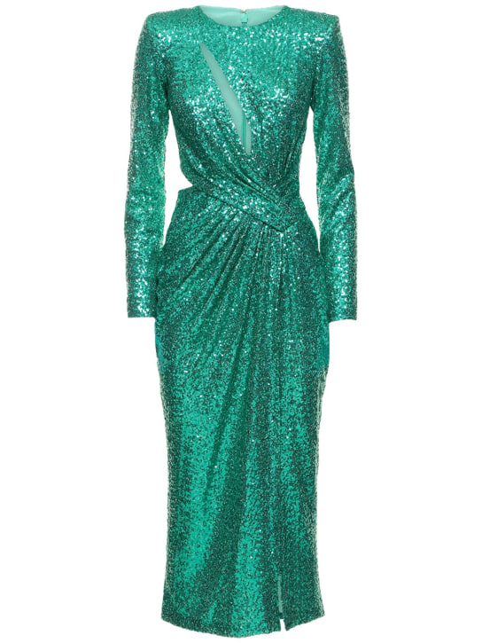 Zuhair Murad: Sequined draped long sleeve midi dress - Green Water - women_0 | Luisa Via Roma