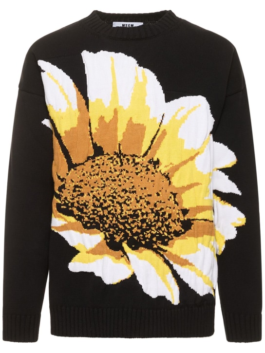 MSGM: Daisy intarsia cotton knit sweater - Siyah - men_0 | Luisa Via Roma