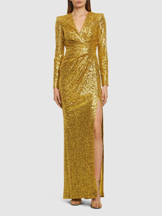 Zuhair Murad: Sequined draped v-neck long dress - Gold - women_1 | Luisa Via Roma