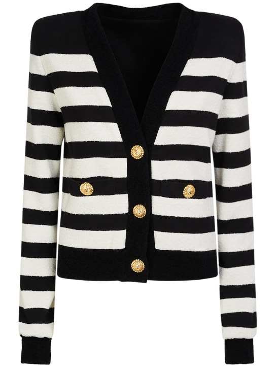 Balmain: Striped cotton blend jersey cardigan - Black/White - women_0 | Luisa Via Roma