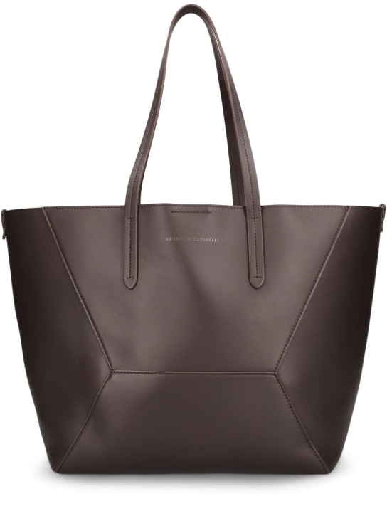 Brunello Cucinelli: Leather tote bag - Dark Brown - women_0 | Luisa Via Roma