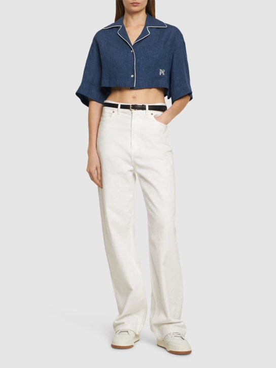 Palm Angels: Camicia cropped Monogram in lino - Indaco - women_1 | Luisa Via Roma