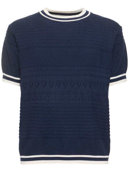 After Pray: Jacquard stripe knit crewneck t-shirt - Navy - men_0 | Luisa Via Roma