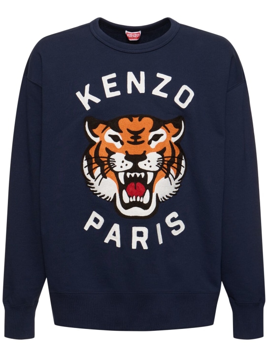 Kenzo Paris: Sweat-shirt en coton avec tigre brodé - Bleu Marine - men_0 | Luisa Via Roma