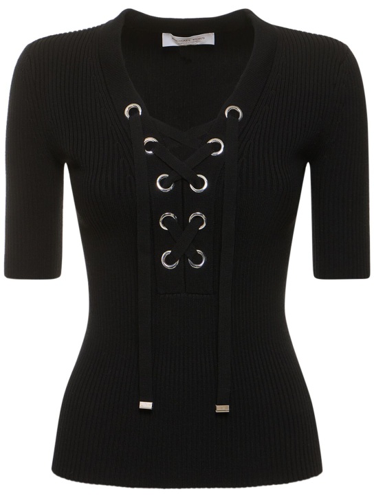 Michael Kors Collection: Wool blend lace-up top - Siyah - women_0 | Luisa Via Roma