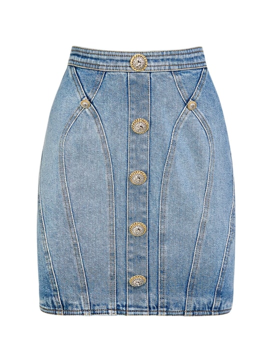Balmain: Stretch cotton denim mini skirt - Blue - women_0 | Luisa Via Roma