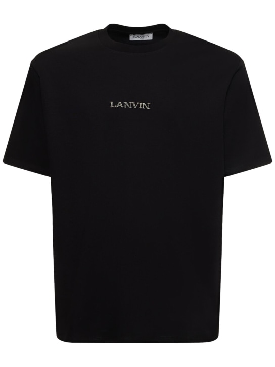 Lanvin: 로고 자수 오버사이즈 코튼 티셔츠 - 블랙 - men_0 | Luisa Via Roma