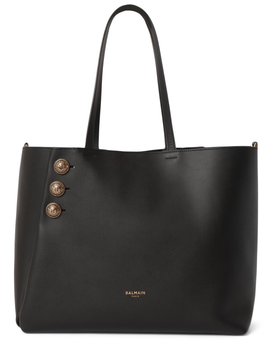 Balmain: Embleme leather shopping bag - Noir - women_0 | Luisa Via Roma
