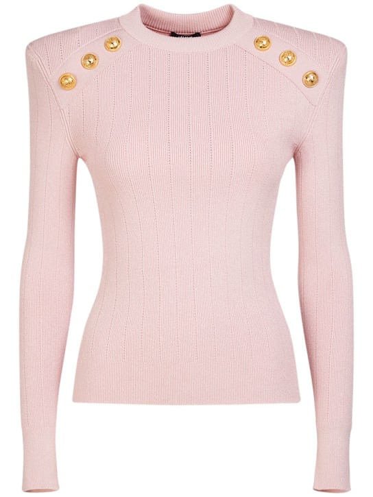 Balmain: Viscose knit long sleeve top w/buttons - Pink - women_0 | Luisa Via Roma