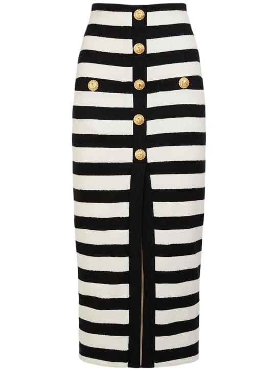 Balmain: Striped cotton blend jersey long skirt - Black/White - women_0 | Luisa Via Roma