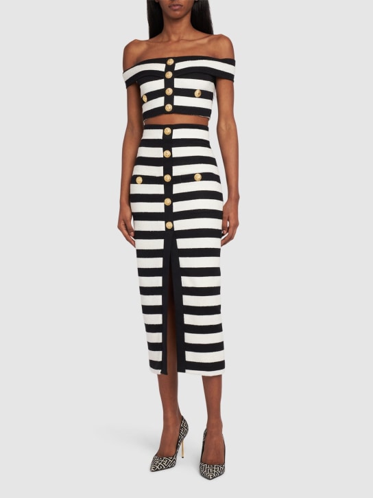 Balmain: Striped cotton blend off-shoulder top - Black/White - women_1 | Luisa Via Roma