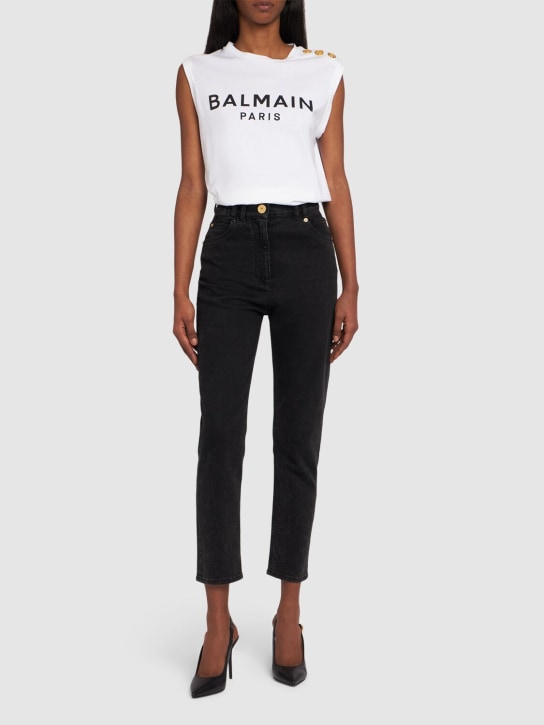 Balmain: Logo print cotton t-shirt w/buttons - White/Black - women_1 | Luisa Via Roma