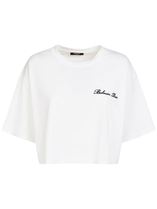 Balmain: Signature logo cotton crop t-shirt - White/Black - women_0 | Luisa Via Roma