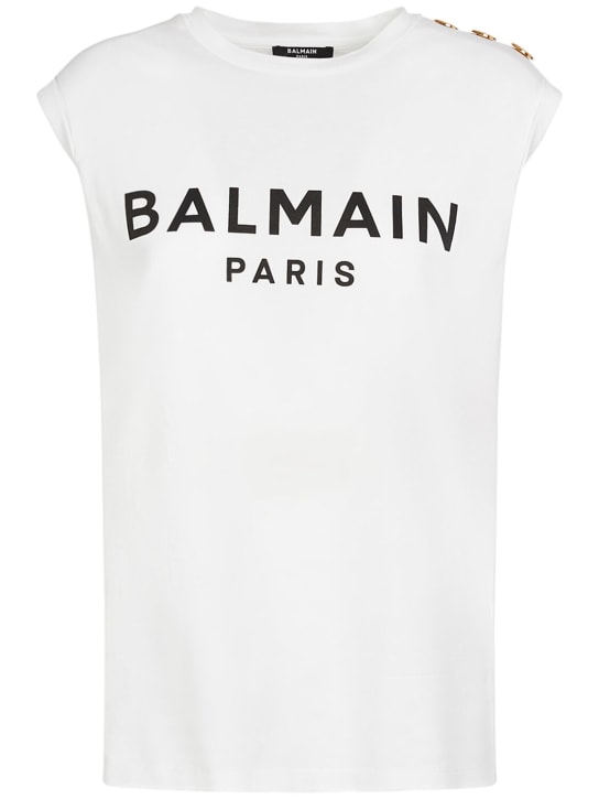 Balmain: Logo print cotton t-shirt w/buttons - White/Black - women_0 | Luisa Via Roma